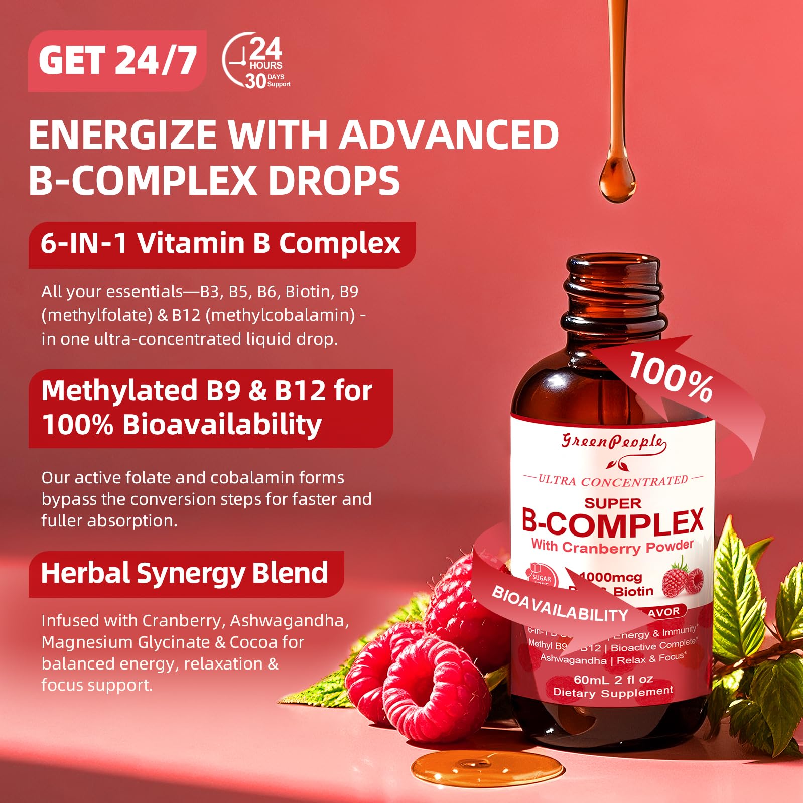 Super B Complex Liquid | B12 Methylcobalamin + Methyl Folate | B Vitamins Complex Liquid Drops with B3,B5,B6,B7, Ashwagandha & L-Theanine for Energy, Focus & Immunity, Vegan, 2fl Oz - GreenPeople