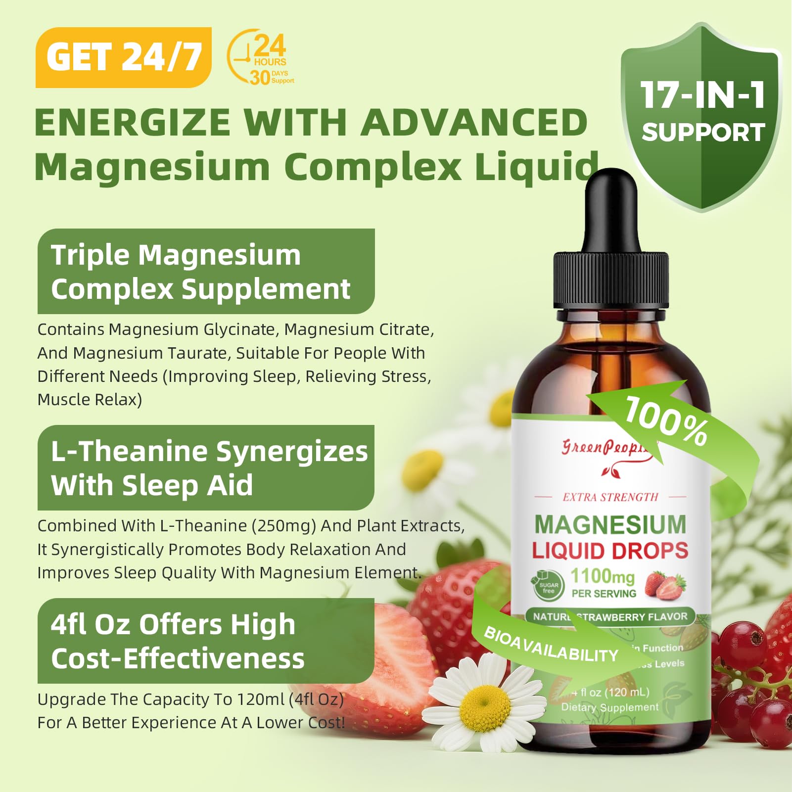 GreenPeople Magnesium Glycinate Liquid Drops – 17-in-1 High Absorption Magnesium for Sleep, Calm Mood & Daily Wellness, Strawberry Flavor - GreenPeople
