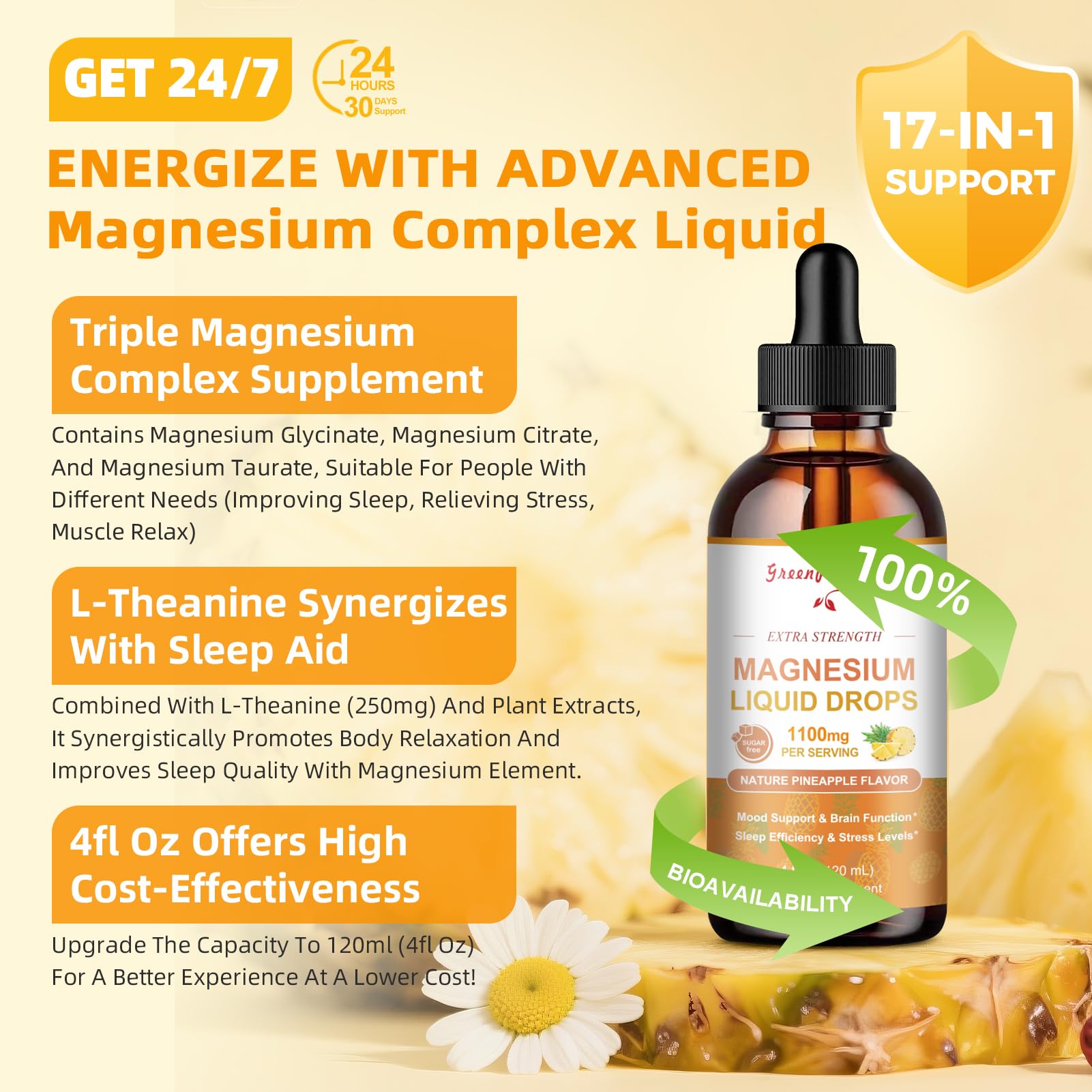 GreenPeople Magnesium Glycinate Liquid Drops – 17-in-1 Triple Magnesium Complex, High Absorption, Pineapple Flavor, 4 fl. oz (2 Pack) - GreenPeople