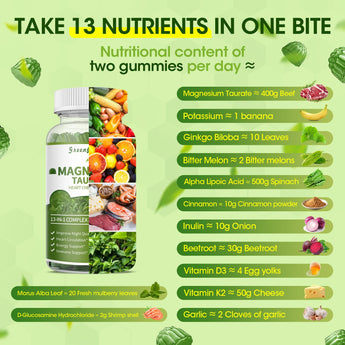 Magnesium Taurate Gummies, 13-in-1 Complex - Heart Support, Better Sleep, Immune Support, Sugar Free, High Absorption Magnesium Supplement, Matcha Flavor, 90 Gummies