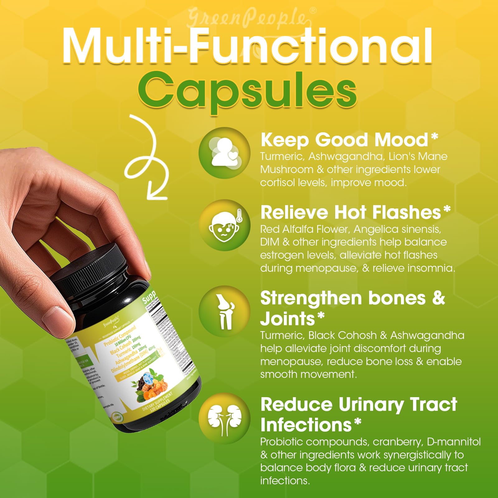 Menopause Support for Women – Estrogen Balance with Black Cohosh, Ashwagandha & Turmeric – Hot Flash & Mood Relief – 120 Vegan Capsules - GreenPeople