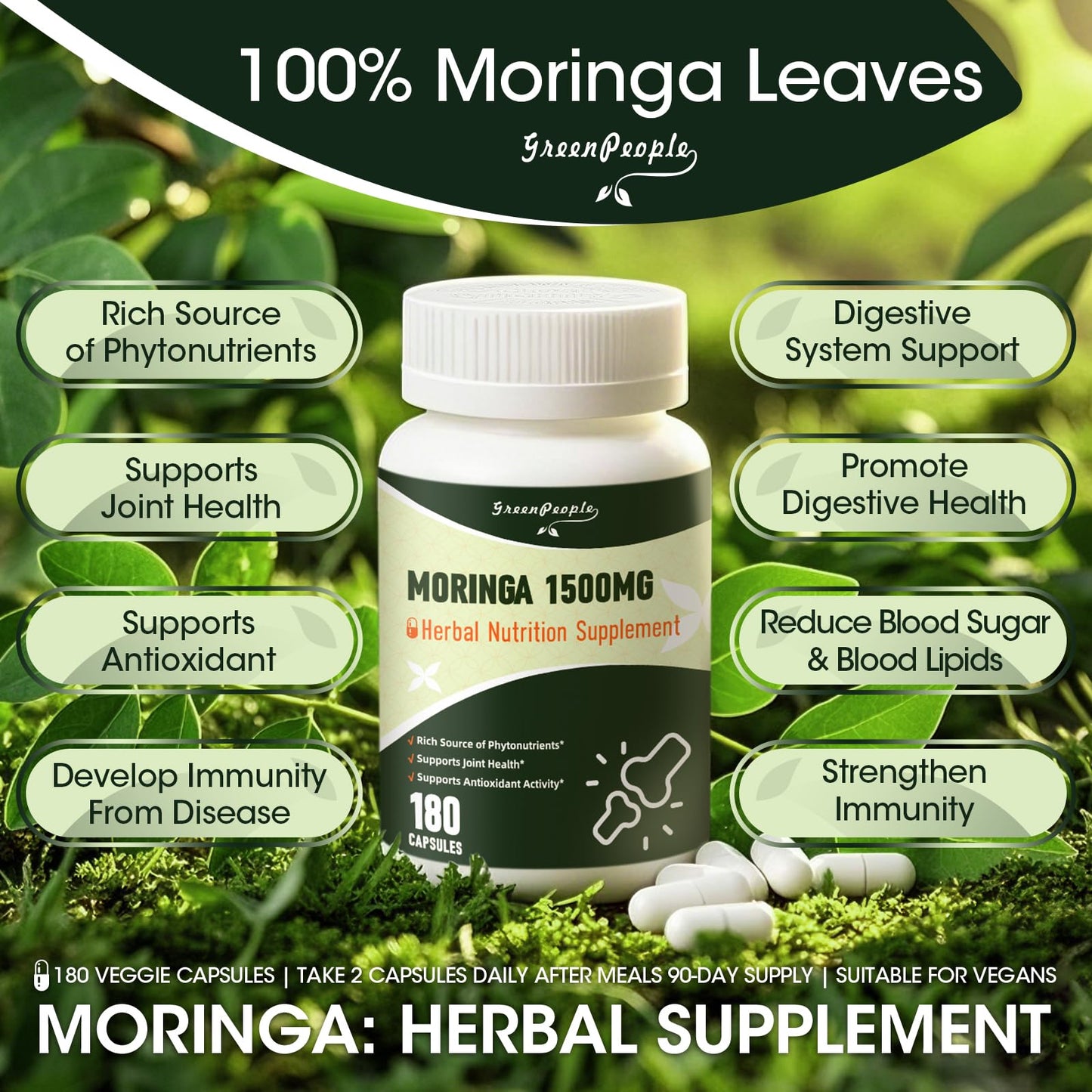 GreenPeople Moringa 1500mg Pure Capsules Supplement Supports Energy, Skin Health, Gut Health with Essential Vitamins & Amino Acids 180pcs