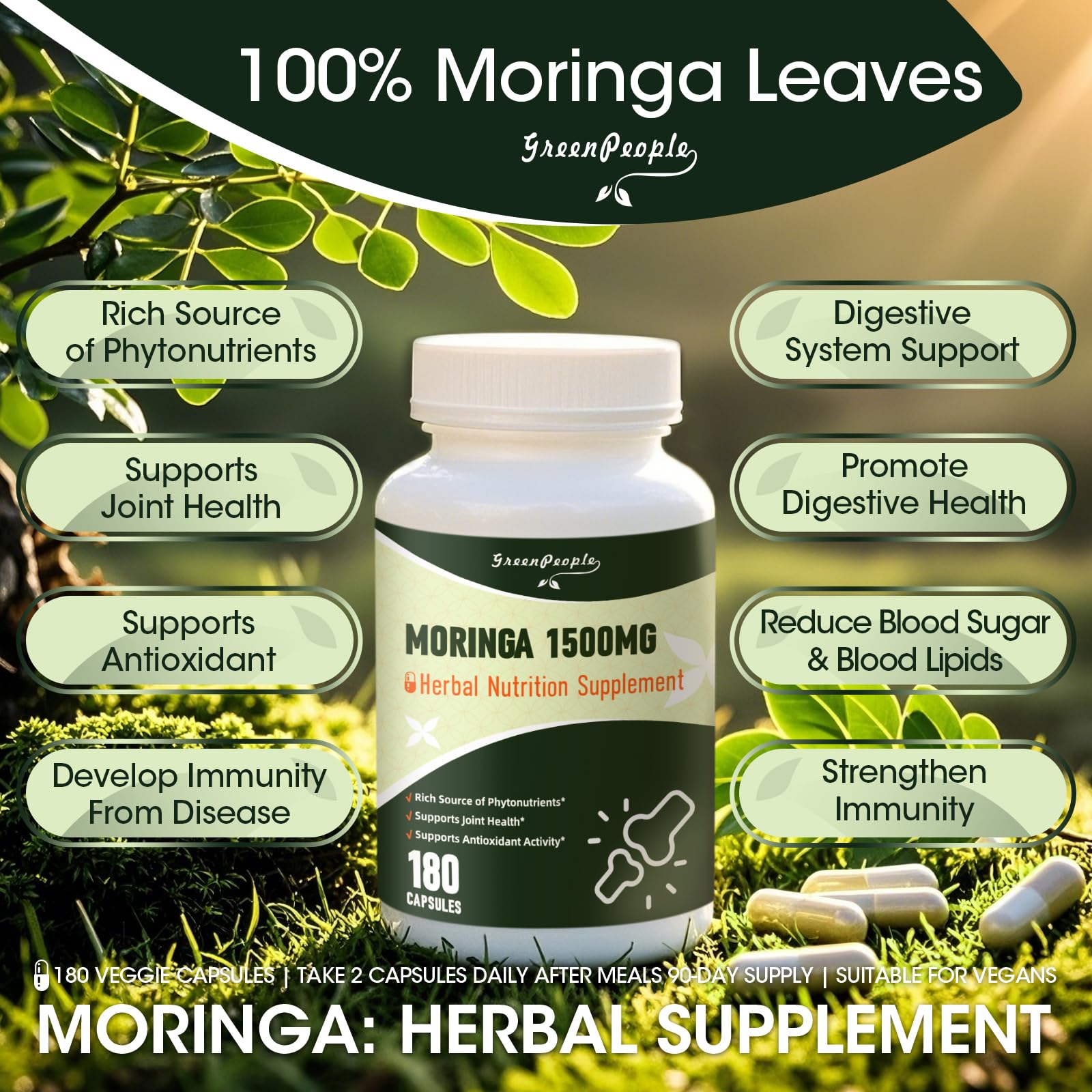 GreenPeople Moringa Capsules – 1500mg | 180 Vegan Capsules | Superfood for Energy, Immunity, Skin & Gut Health - GreenPeople