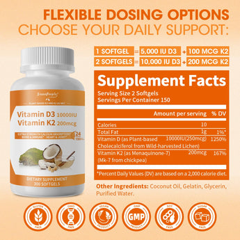 GreenPeople D3 K2 Vitamin Softgels Capsules Supplement MK7 Gluten Free and Non-GMO 300 Vegan Coconut Oil