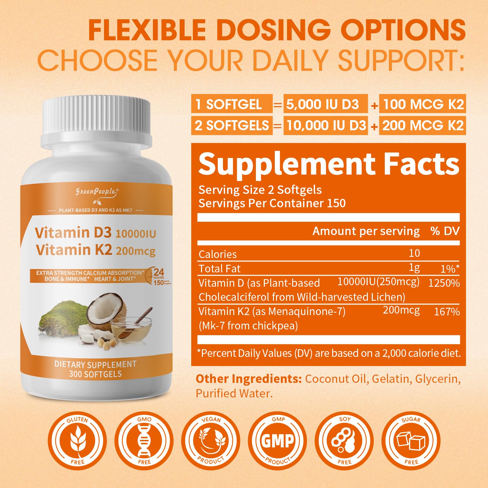 GreenPeople D3 K2 Vitamin Softgels Capsules Supplement MK7 Gluten Free and Non-GMO 300 Vegan Coconut Oil - GreenPeople