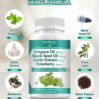 Supplement Facts of GreenPeople Oregano Oil Complex featuring oregano oil, black seed oil, garlic extract, elderberry, olive leaf, and more
