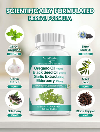 Supplement Facts of GreenPeople Oregano Oil Complex featuring oregano oil, black seed oil, garlic extract, elderberry, olive leaf, and more