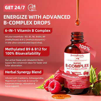 GreenPeople Super B-Complex Liquid Drops – Methyl B12 & Methyl Folate + B3, B5, B6, B7, Ashwagandha & L-Theanine for Energy, Focus & Immunity, Vegan Raspberry, 4 fl oz