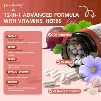 Magnesium Taurate Capsules, 12-in-1 Complex - Cardiovascular Health, Pressure Support, Immune Support, Absorption Magnesium Supplement for Women and Men,120 Capsules