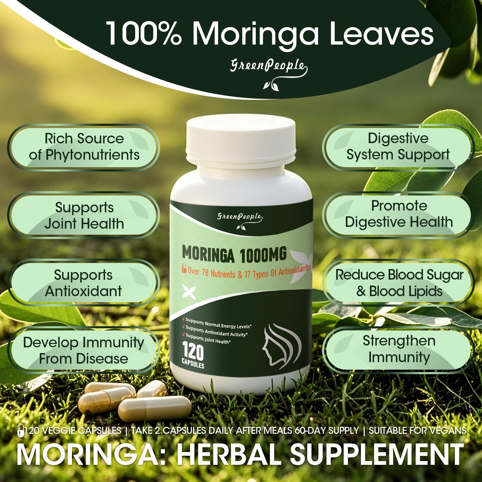 Liposomal Moringa Capsules 1500mg – 98% Absorption Superfood Supplement | Immune, Gut, Energy, Skin Support – 120 Vegan Capsules, Non-GMO - GreenPeople