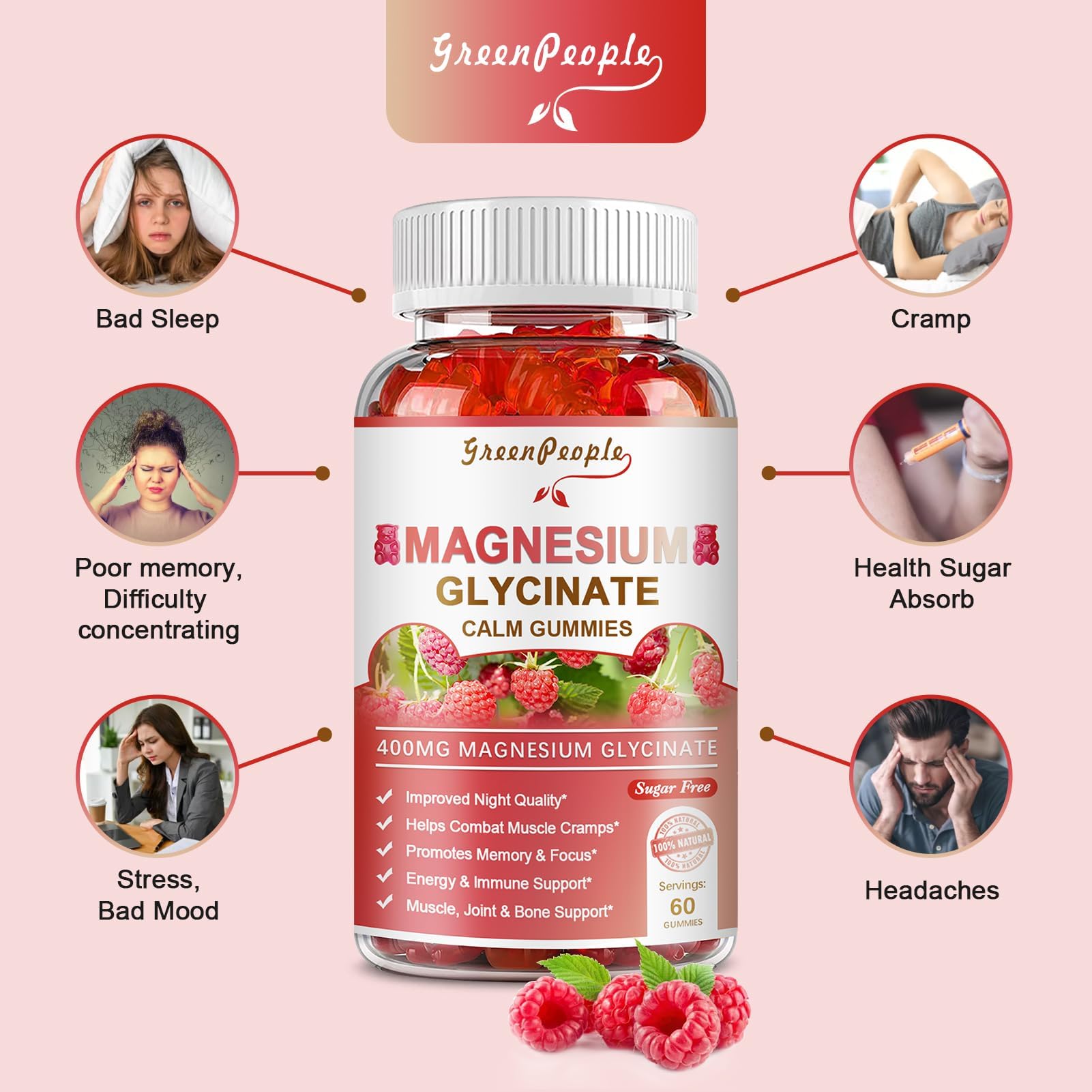 GreenPeople Magnesium Calm Gummies – Natural Raspberry, Sleep Support, Vegan & Sugar-Free - GreenPeople