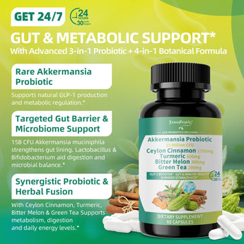 GreenPeople Akkermansia Probiotics 15B CFU with Ceylon Cinnamon & Turmeric – Gut & Metabolic Support, 60 Capsules