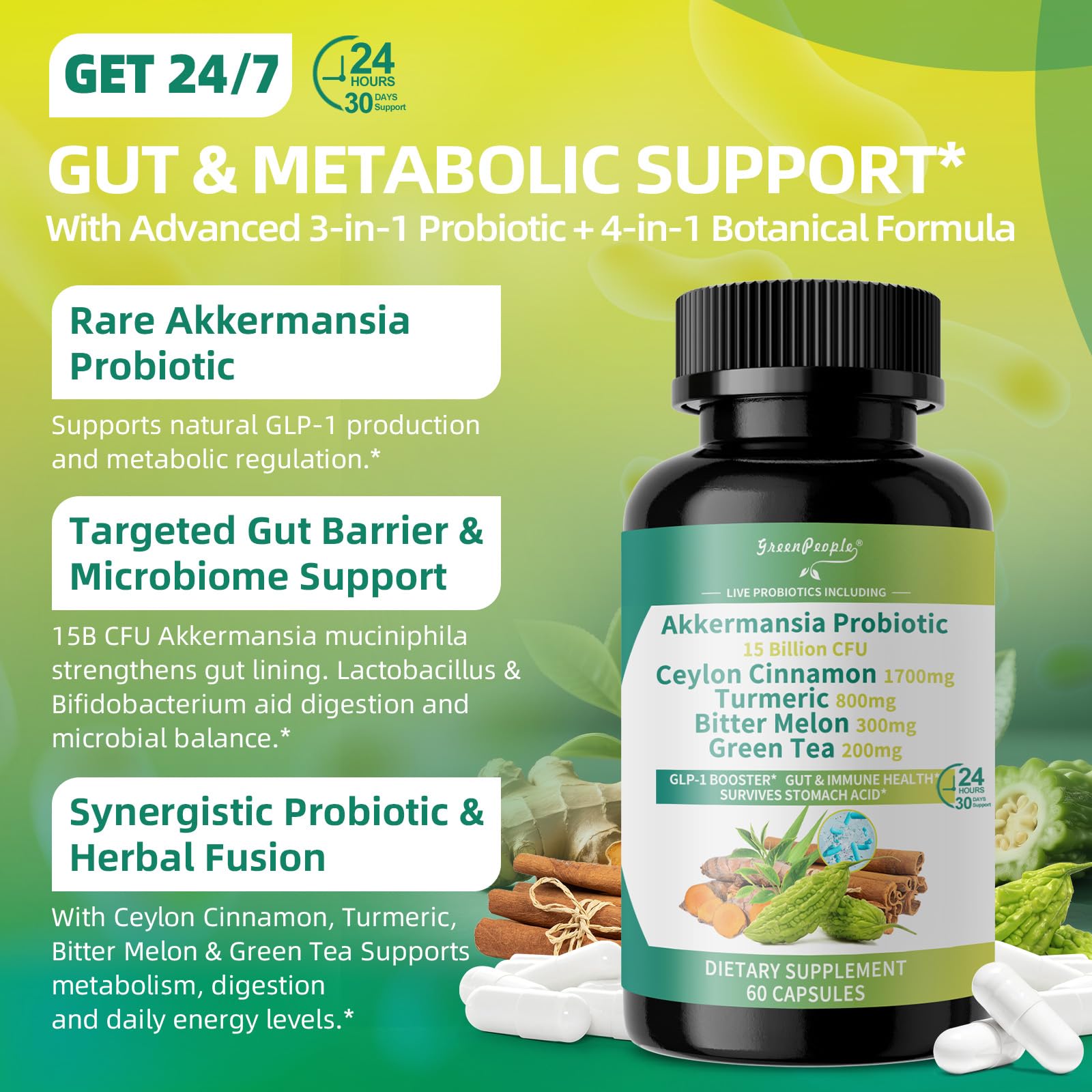 GreenPeople Akkermansia Probiotics 15B CFU with Ceylon Cinnamon & Turmeric – Gut & Metabolic Support, 60 Capsules - GreenPeople