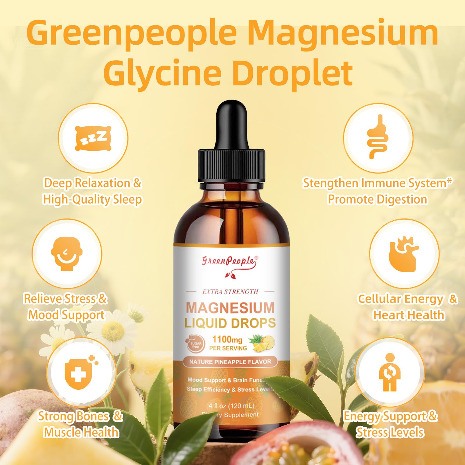 GreenPeople Magnesium Glycinate Liquid Drops – 17-in-1 Triple Magnesium Complex, High Absorption, Pineapple Flavor, 4 fl. oz (2 Pack) - GreenPeople