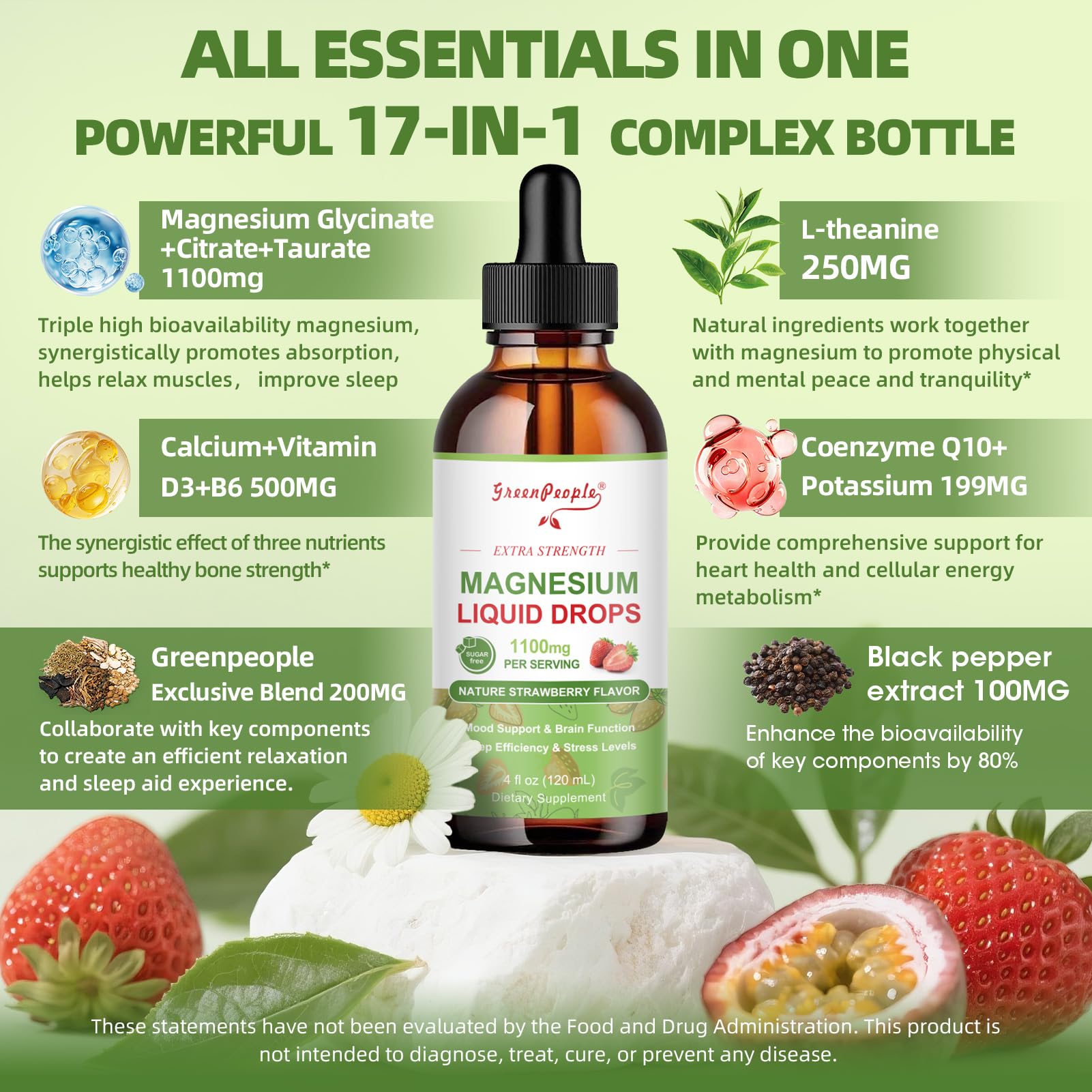 GreenPeople Magnesium Glycinate Liquid Drops – 17-in-1 High Absorption Magnesium for Sleep, Calm Mood & Daily Wellness, Strawberry Flavor - GreenPeople