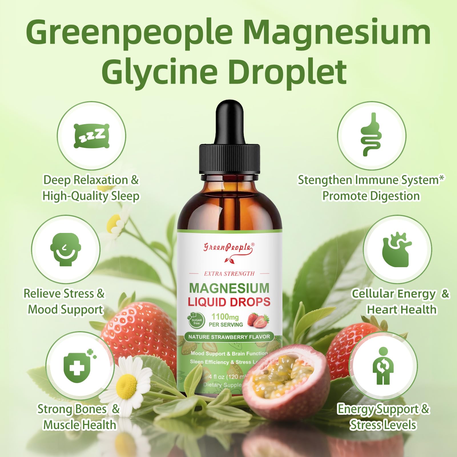 GreenPeople Magnesium Glycinate Liquid Drops – 17-in-1 High Absorption Magnesium for Sleep, Calm Mood & Daily Wellness, Strawberry Flavor - GreenPeople