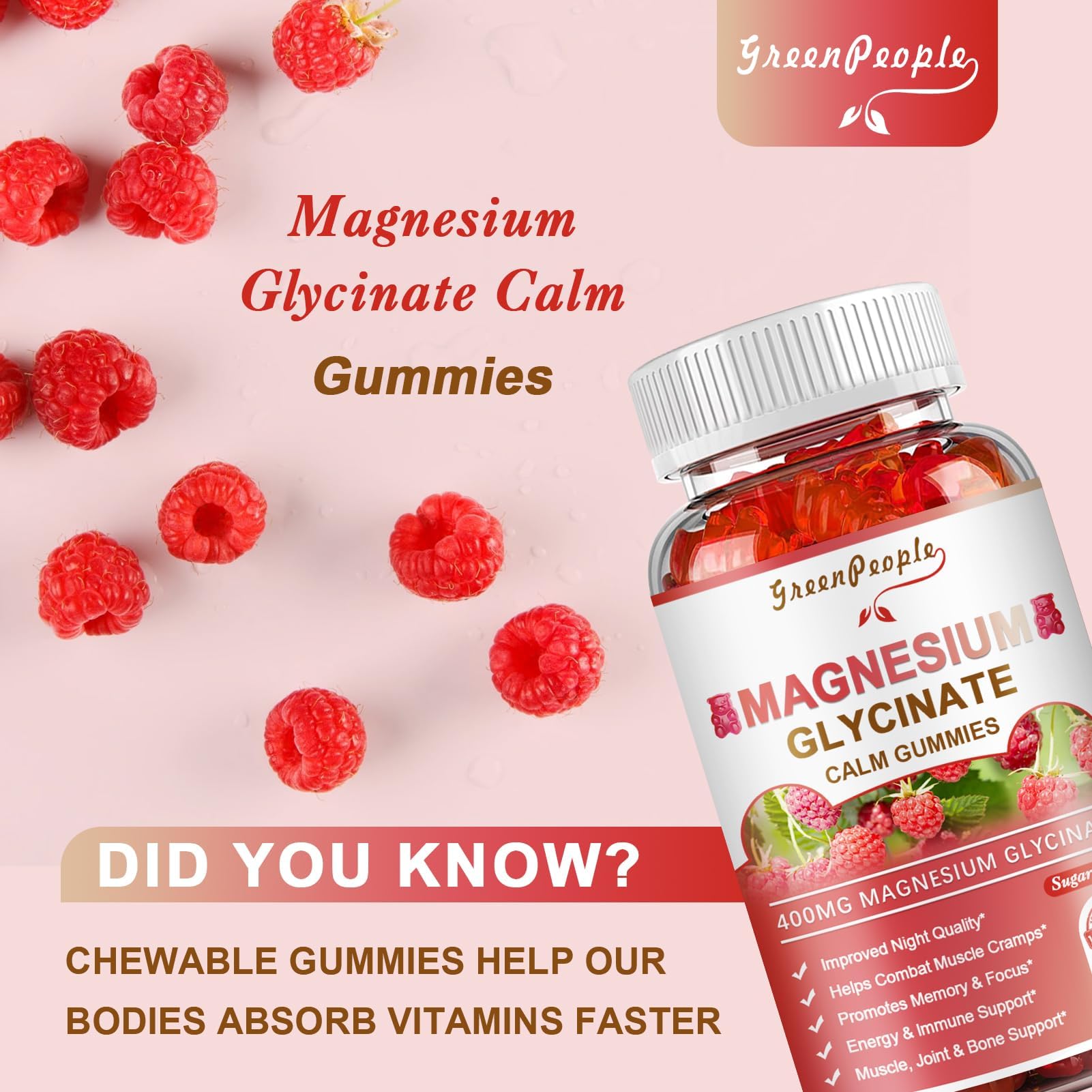 GreenPeople Magnesium Calm Gummies – Natural Raspberry, Sleep Support, Vegan & Sugar-Free - GreenPeople