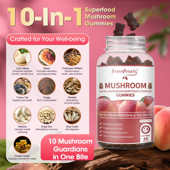 Mushroom & Ashwagandha Gummies – 10x Functional Mushroom Blend w/ Lion's Mane, Reishi, Cordyceps & Sea Moss – Vegan, Sugar-Free, Peach Flavor – 60 Ct