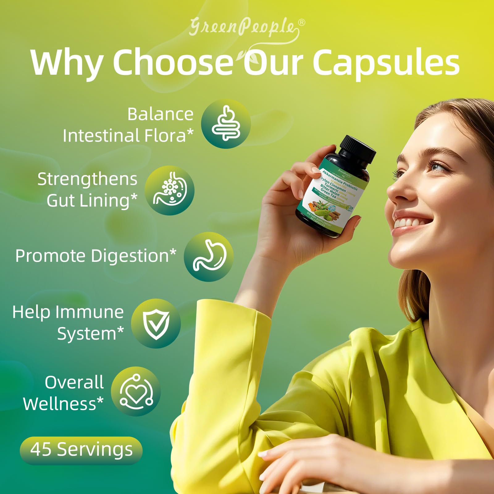 GreenPeople Akkermansia Probiotics 15B CFU with Ceylon Cinnamon & Turmeric – Gut & Metabolic Support, 60 Capsules - GreenPeople