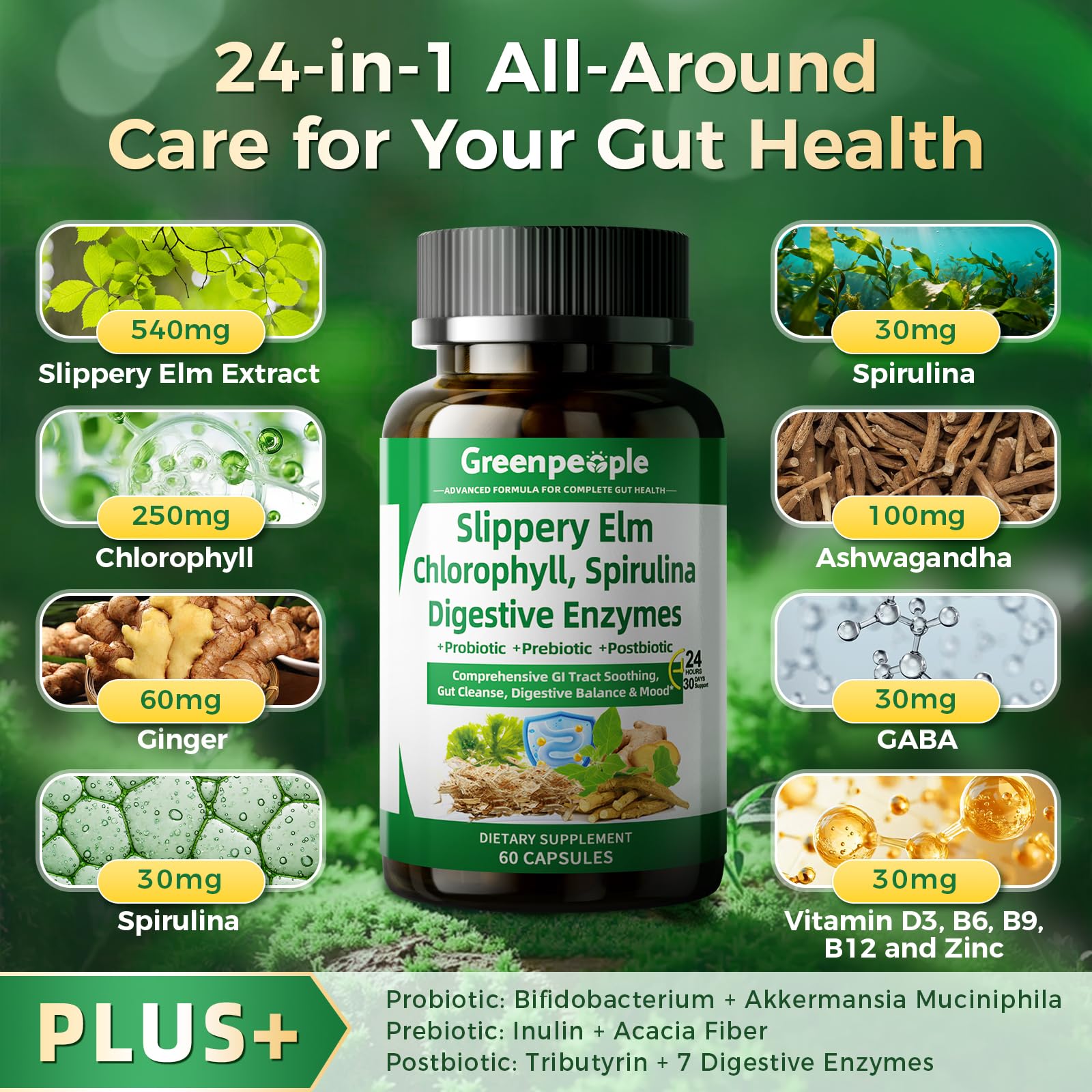 GreenPeople 4-in-1 gut health supplement capsules with slippery elm, probiotics, enzymes, prebiotics, and postbiotics for digestion support