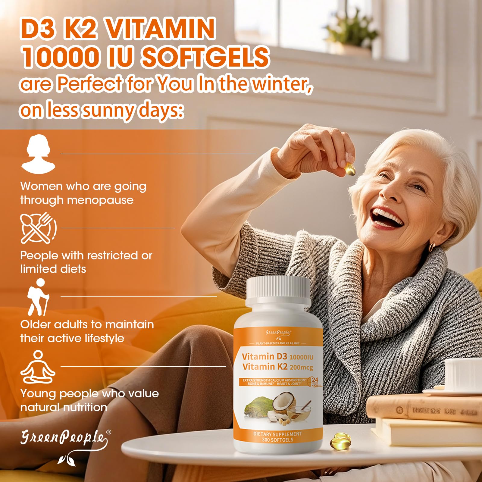 GreenPeople D3 K2 Vitamin Softgels Capsules Supplement MK7 Gluten Free and Non-GMO 300 Vegan Coconut Oil - GreenPeople