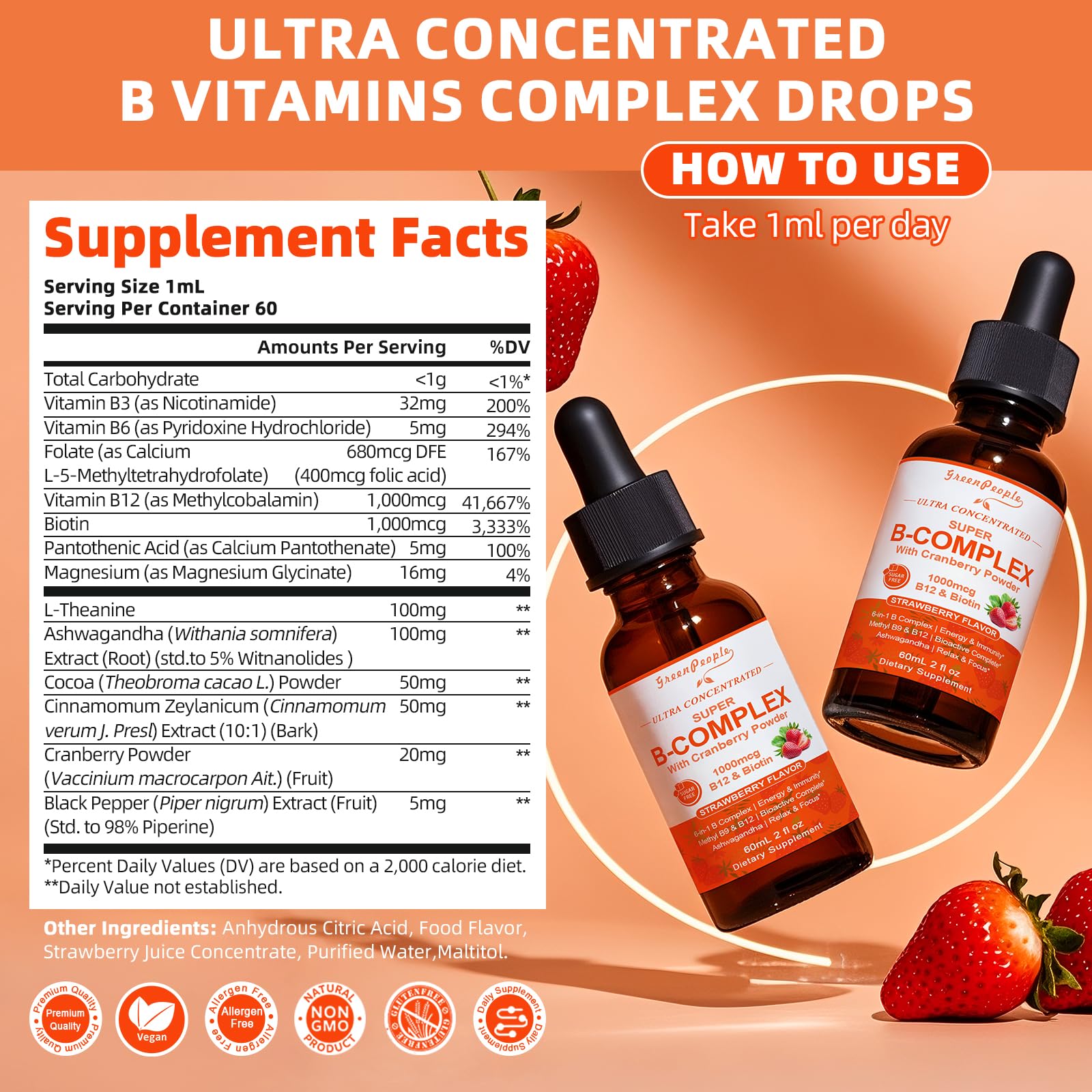 GREENPEOPLE Methylated B-Complex Liquid Drops | Methyl B12 + L-Methyl Folate | Energy & Metabolism Support | Strawberry Flavor | Vegan | 2 fl oz - GreenPeople