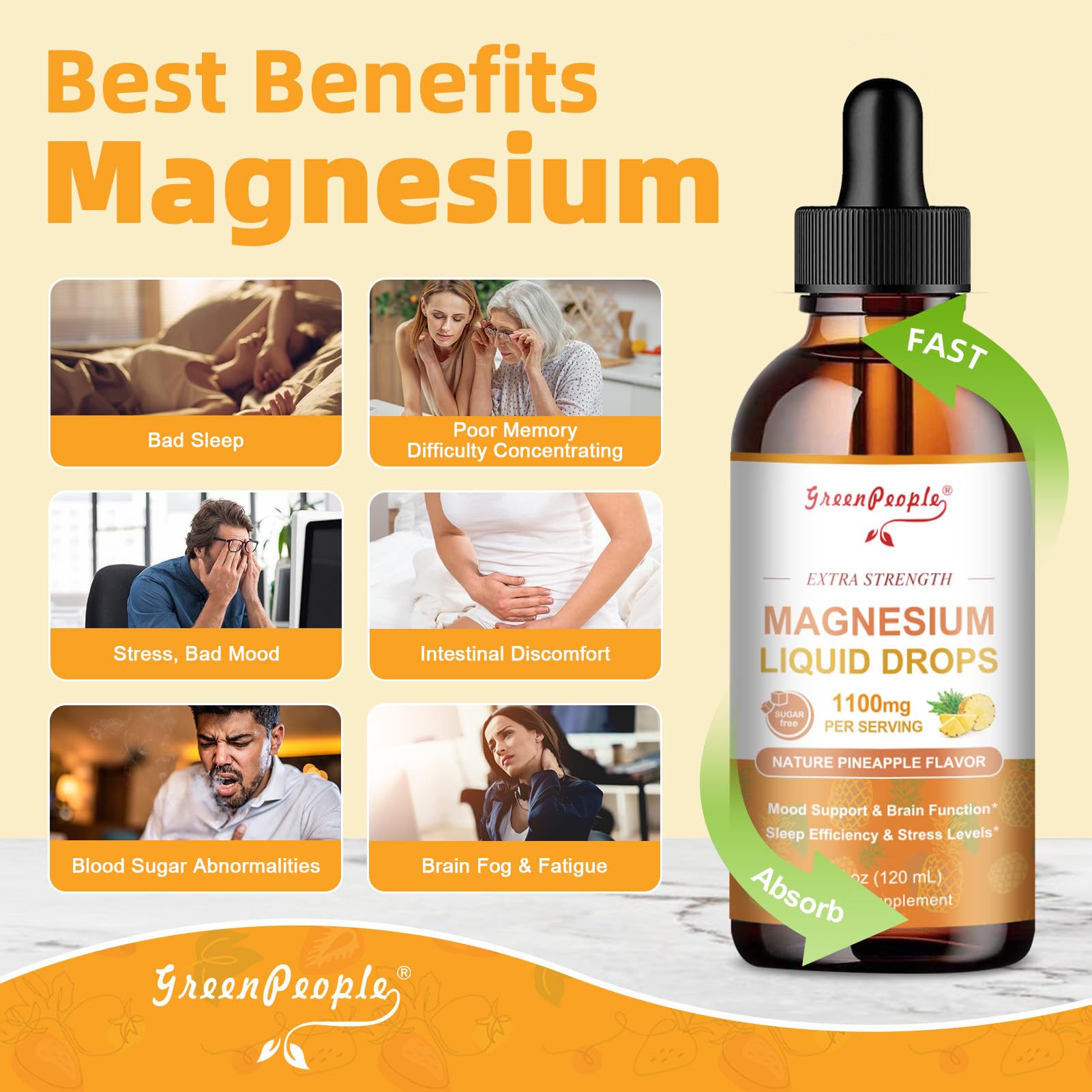 GreenPeople Magnesium Glycinate Liquid Drops – 17-in-1 Triple Magnesium Complex, High Absorption, Pineapple Flavor, 4 fl. oz (2 Pack) - GreenPeople