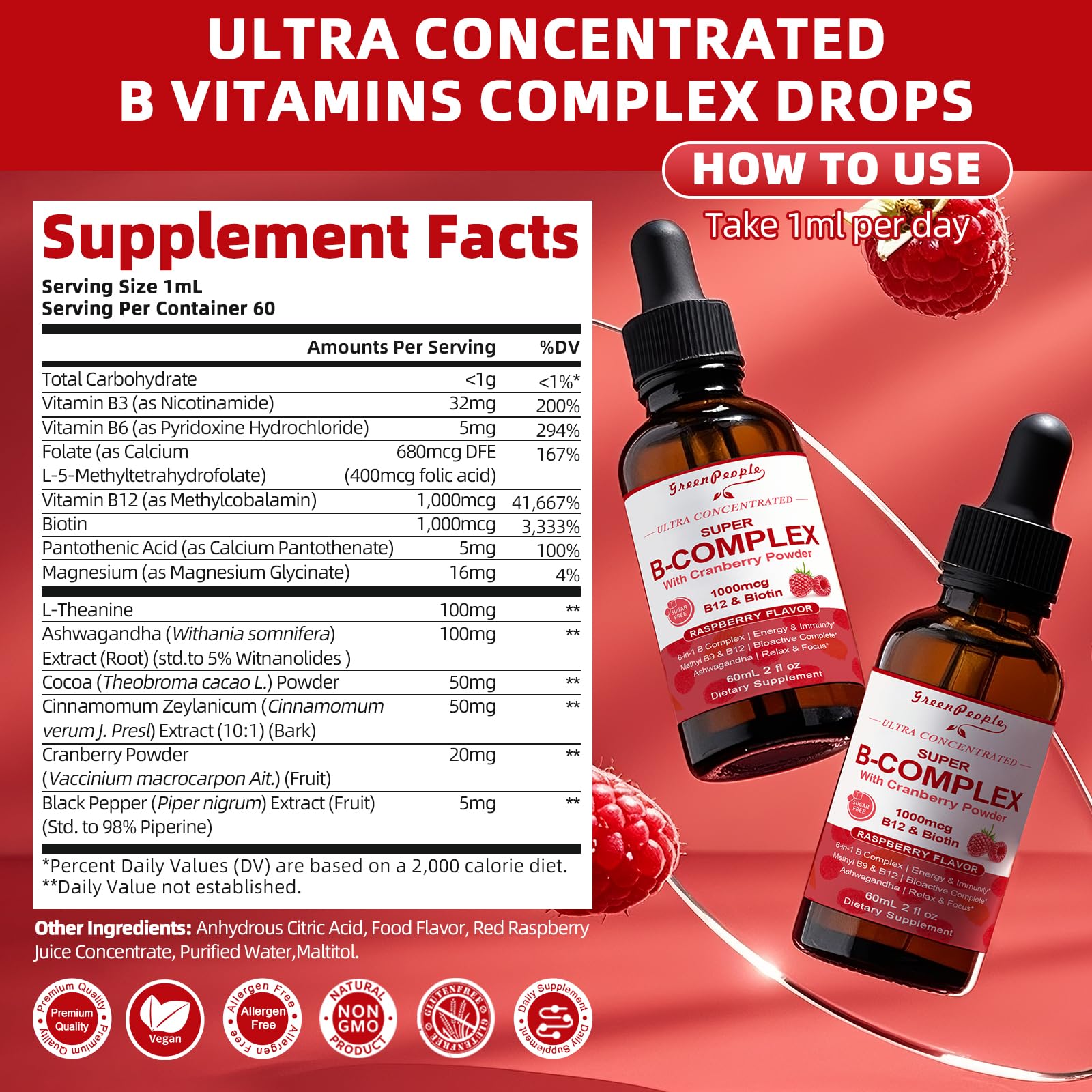 Super B Complex Liquid | B12 Methylcobalamin + Methyl Folate | B Vitamins Complex Liquid Drops with B3,B5,B6,B7, Ashwagandha & L-Theanine for Energy, Focus & Immunity, Vegan, 2fl Oz - GreenPeople