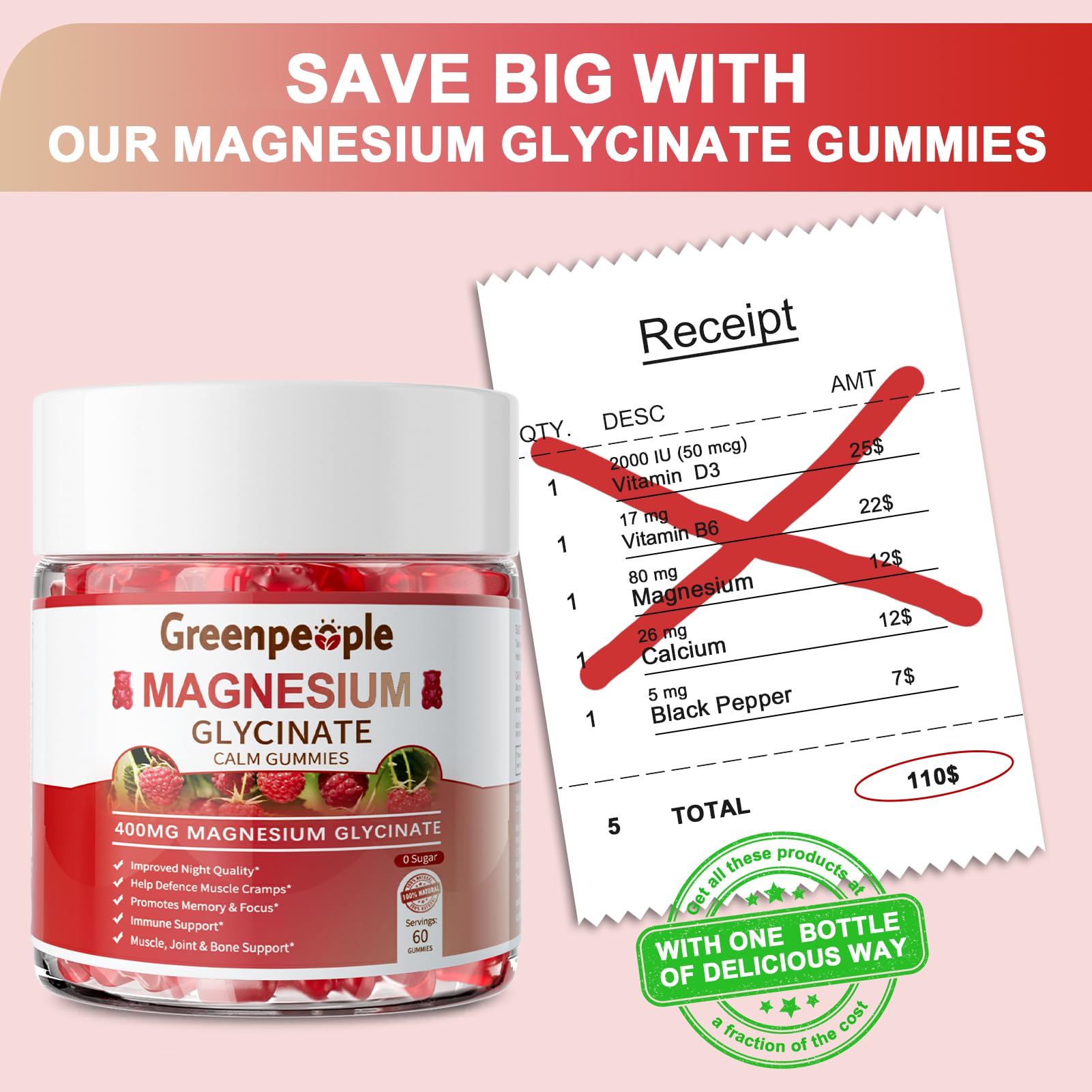 GreenPeople Magnesium Glycinate Gummies 400mg (2-Pack) - Sugar-Free Mag Citrate, D3, B6 for Calm, Sleep & Muscle Support - GreenPeople