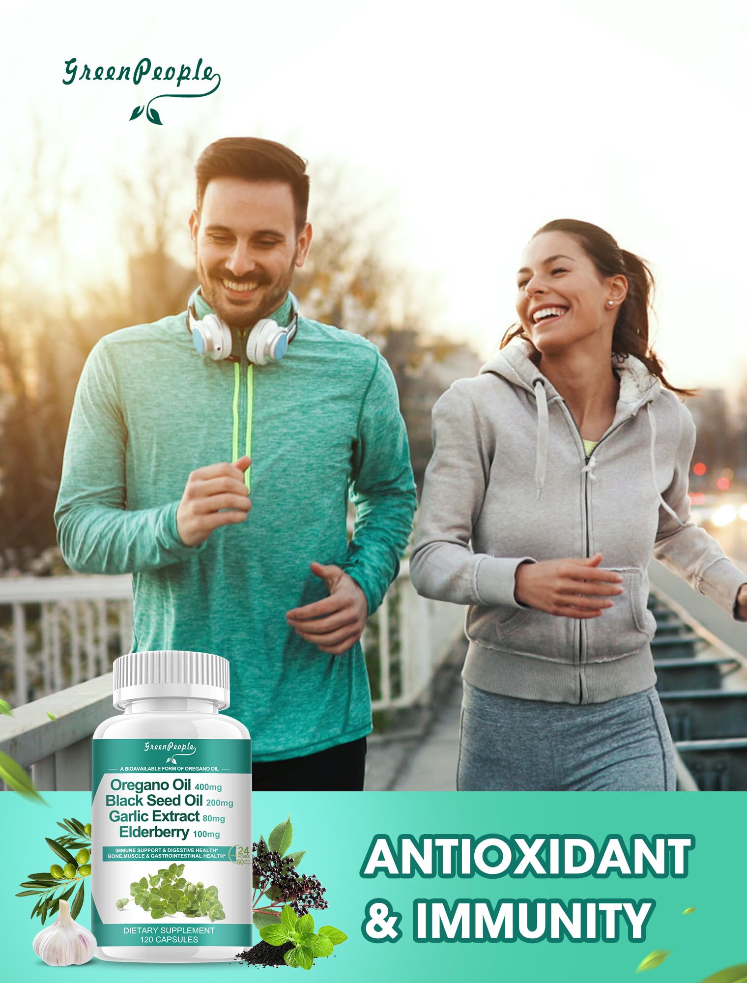 GreenPeople Oregano Oil Capsules on a clean kitchen counter next to herbal ingredients like oregano, garlic, elderberry, and black seed
