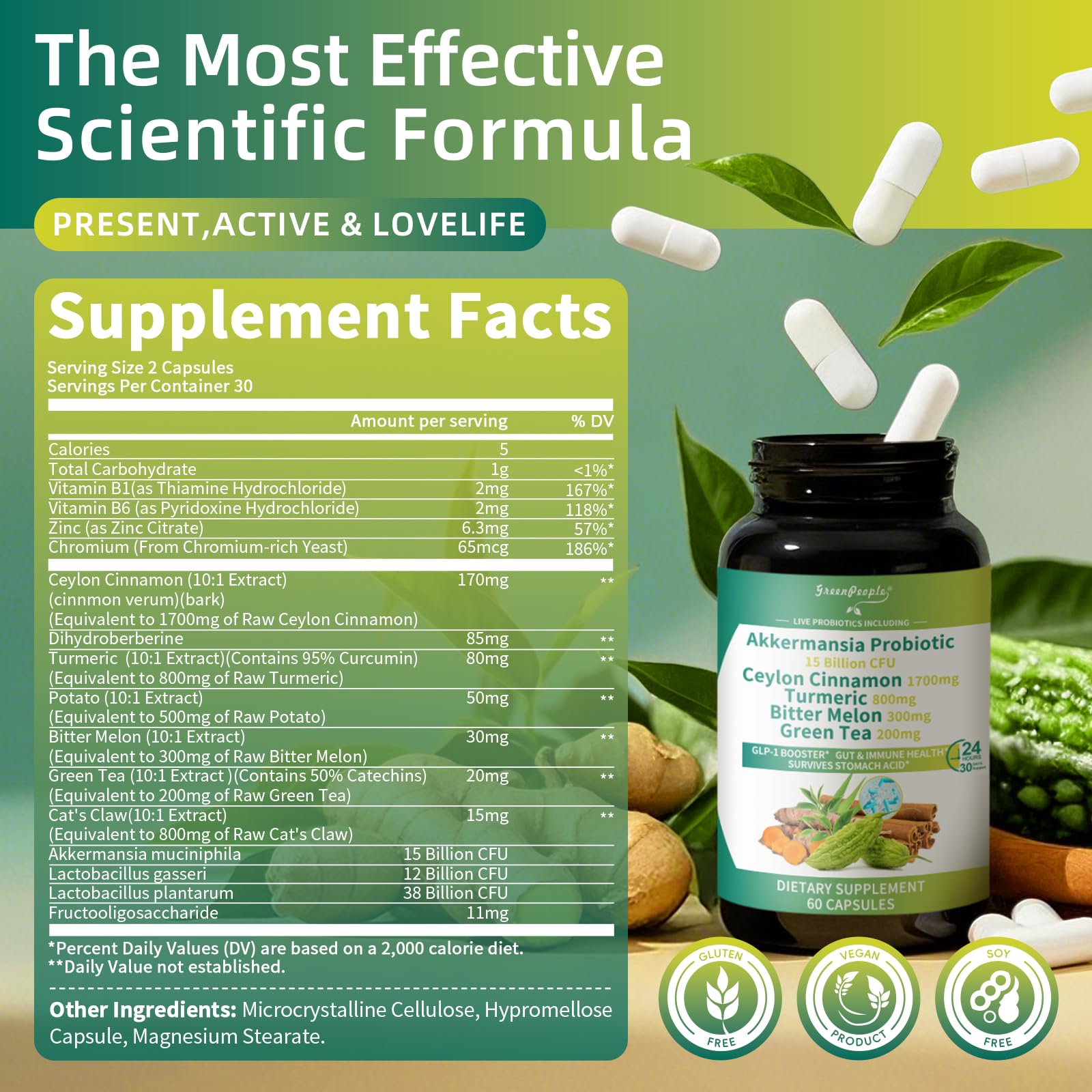 GreenPeople Akkermansia Probiotics 15B CFU with Ceylon Cinnamon & Turmeric – Gut & Metabolic Support, 60 Capsules - GreenPeople