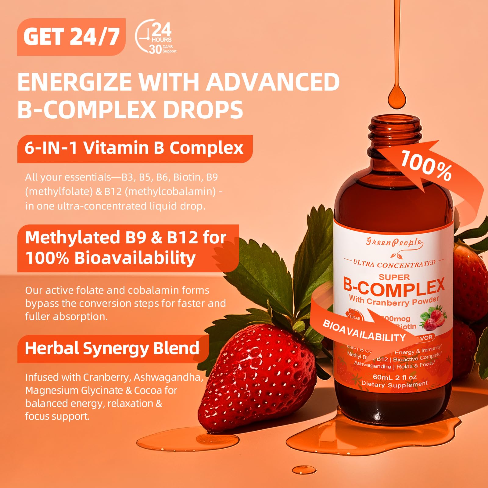 GREENPEOPLE Methylated B-Complex Liquid Drops | Methyl B12 + L-Methyl Folate | Energy & Metabolism Support | Strawberry Flavor | Vegan | 2 fl oz - GreenPeople