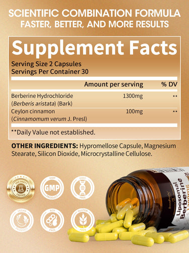 Berberine HCl 1300mg + Ceylon Cinnamon – Supplement Facts Label