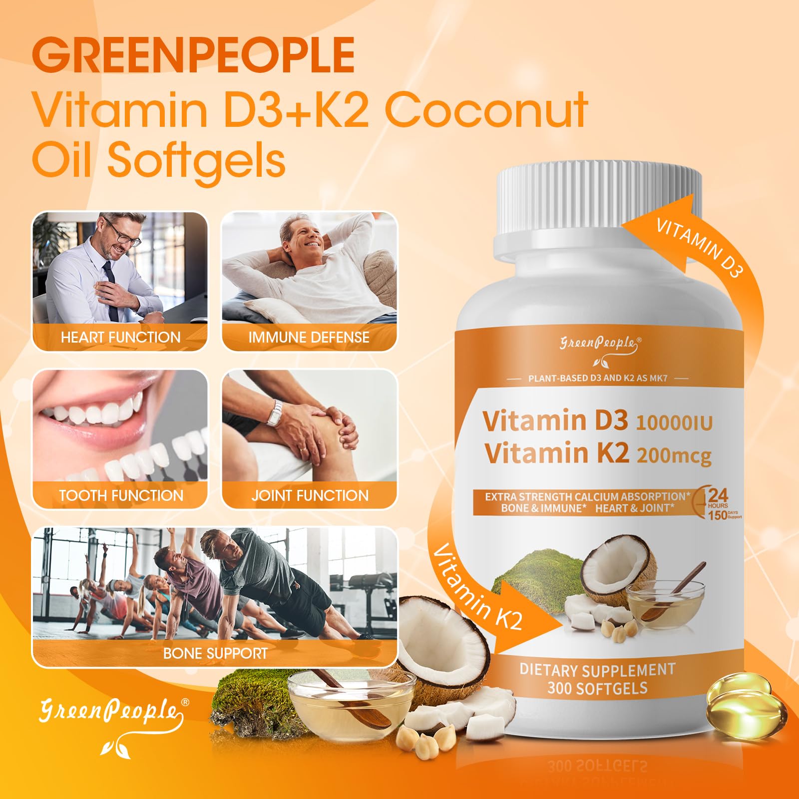 GreenPeople D3 K2 Vitamin Softgels Capsules Supplement MK7 Gluten Free and Non-GMO 300 Vegan Coconut Oil - GreenPeople
