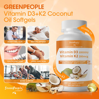 GreenPeople D3 K2 Vitamin Softgels Capsules Supplement MK7 Gluten Free and Non-GMO 300 Vegan Coconut Oil