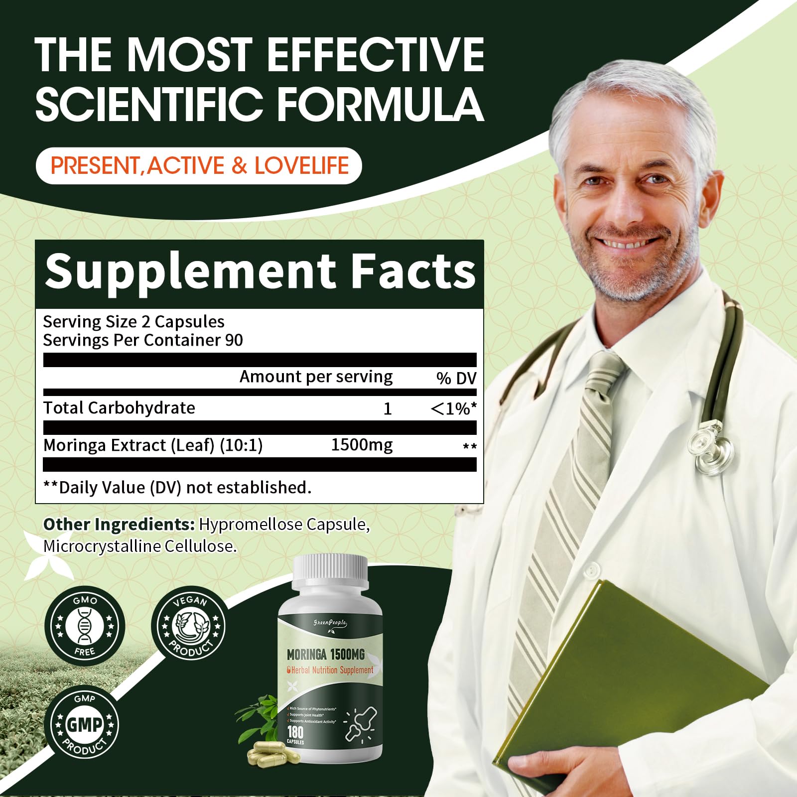 GreenPeople Moringa Capsules – 1500mg | 180 Vegan Capsules | Superfood for Energy, Immunity, Skin & Gut Health - GreenPeople