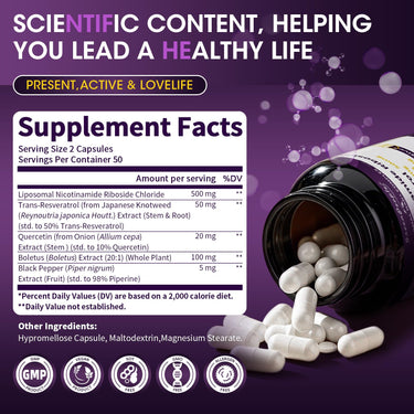 Supplement Facts: Nicotinamide Riboside, Resveratrol, Quercetin, Black Pepper Extract
