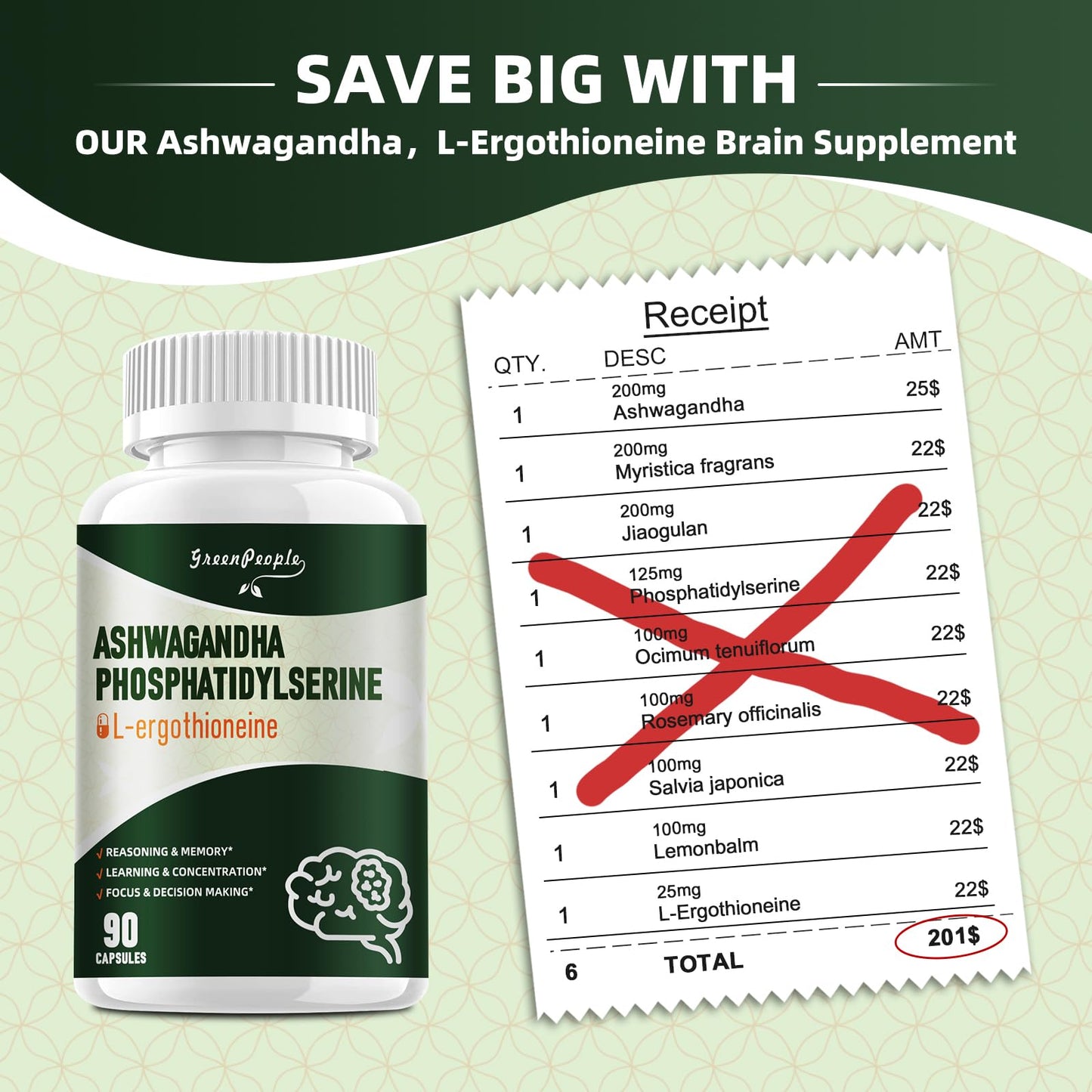 GreenPeole L-Ergothioneine Complex Capsules | 9-in-1 Brain Supplement with Ashwagandha & Phosphatidylserine