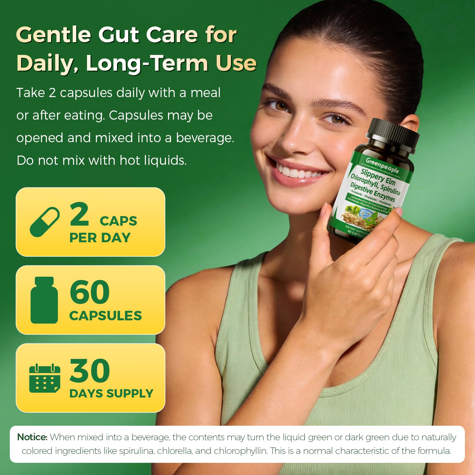 GreenPeople 4-in-1 gut health supplement with slippery elm, probiotics, enzymes, prebiotics, and postbiotics in 60 capsules.