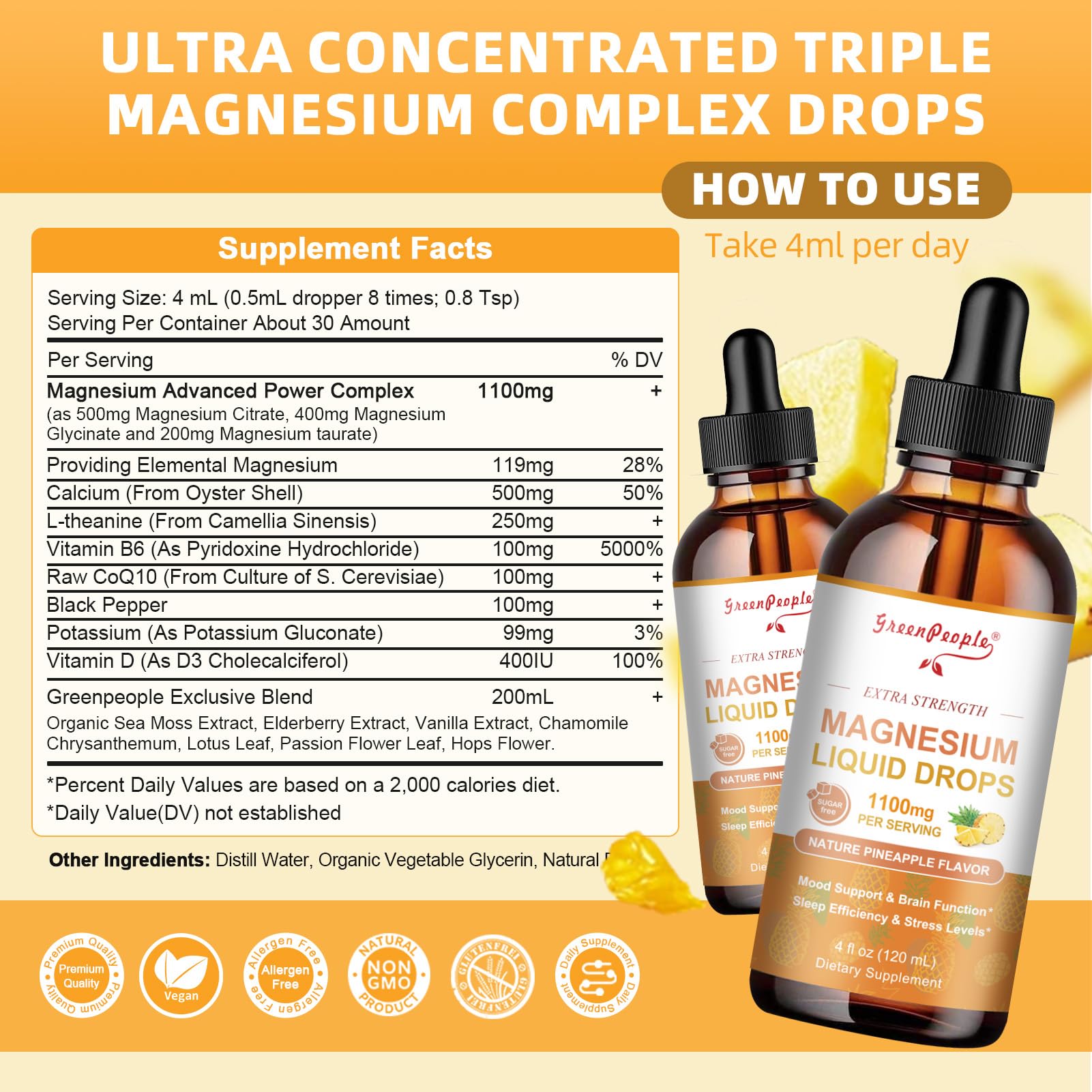 GreenPeople Magnesium Glycinate Liquid Drops – 17-in-1 Triple Magnesium Complex, High Absorption, Pineapple Flavor, 4 fl. oz (2 Pack) - GreenPeople