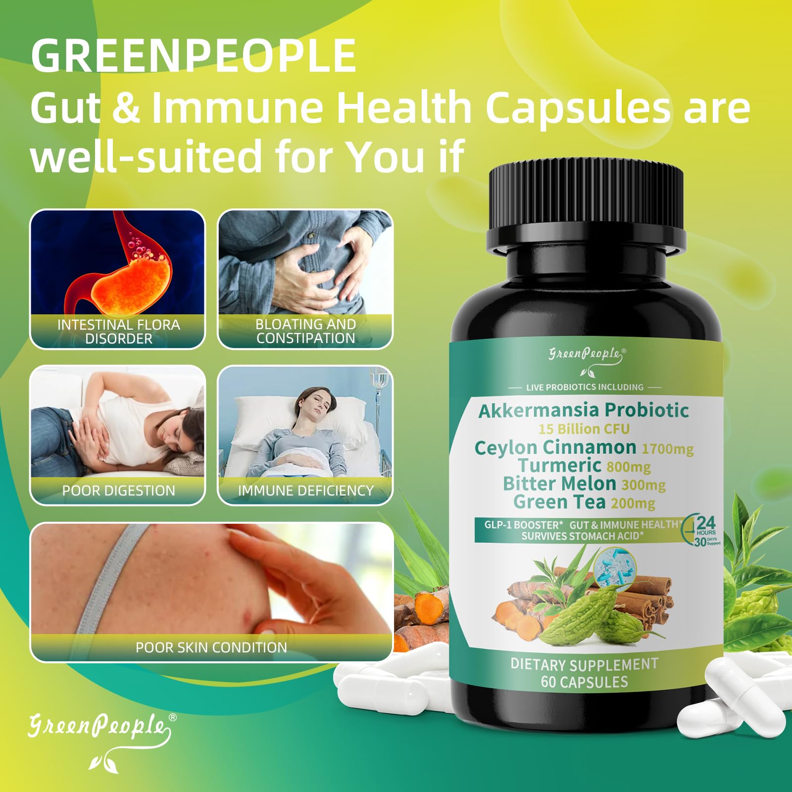 GreenPeople Akkermansia Probiotics 15B CFU with Ceylon Cinnamon & Turmeric – Gut & Metabolic Support, 60 Capsules - GreenPeople