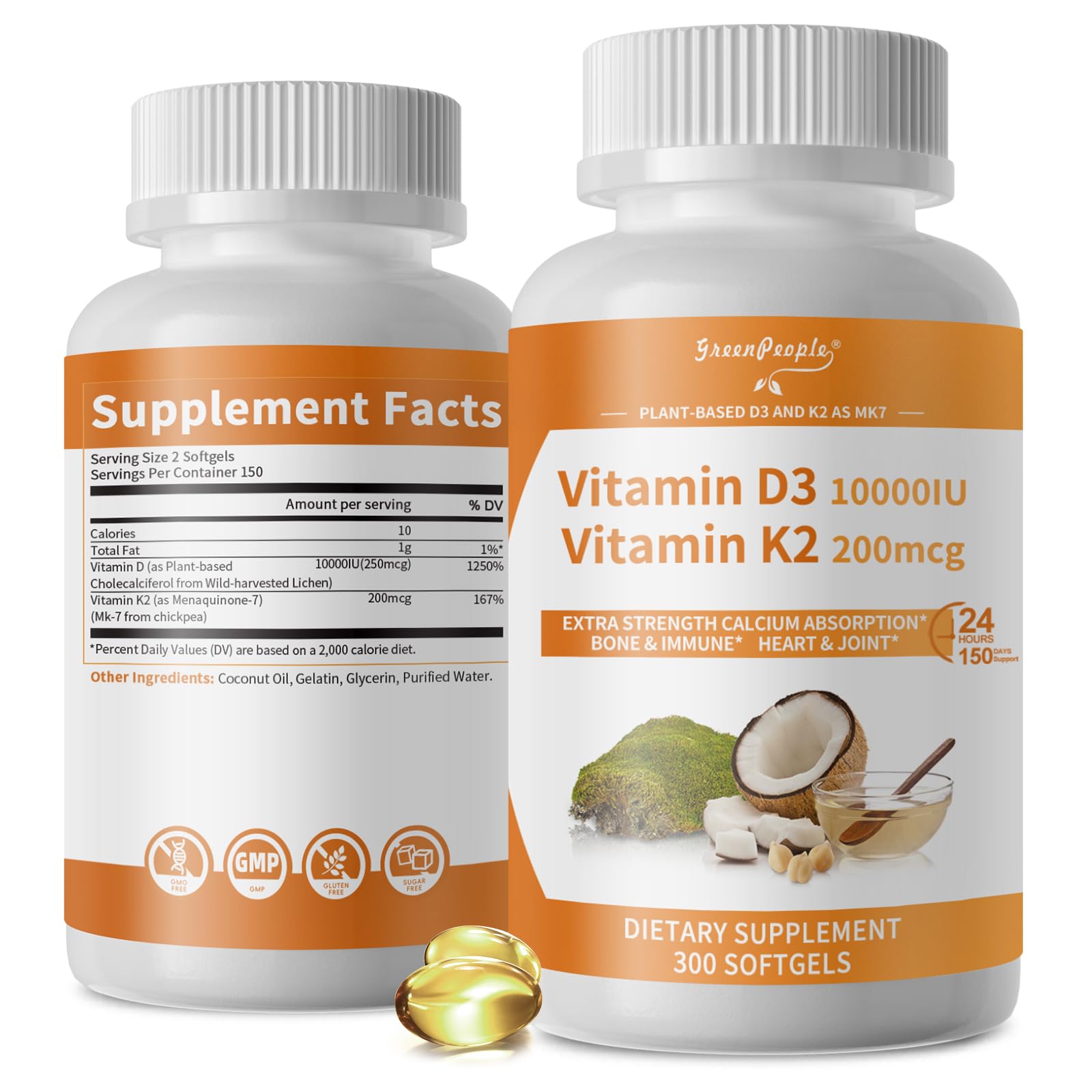 GreenPeople D3 K2 Vitamin Softgels Capsules Supplement MK7 Gluten Free and Non-GMO 300 Vegan Coconut Oil - GreenPeople