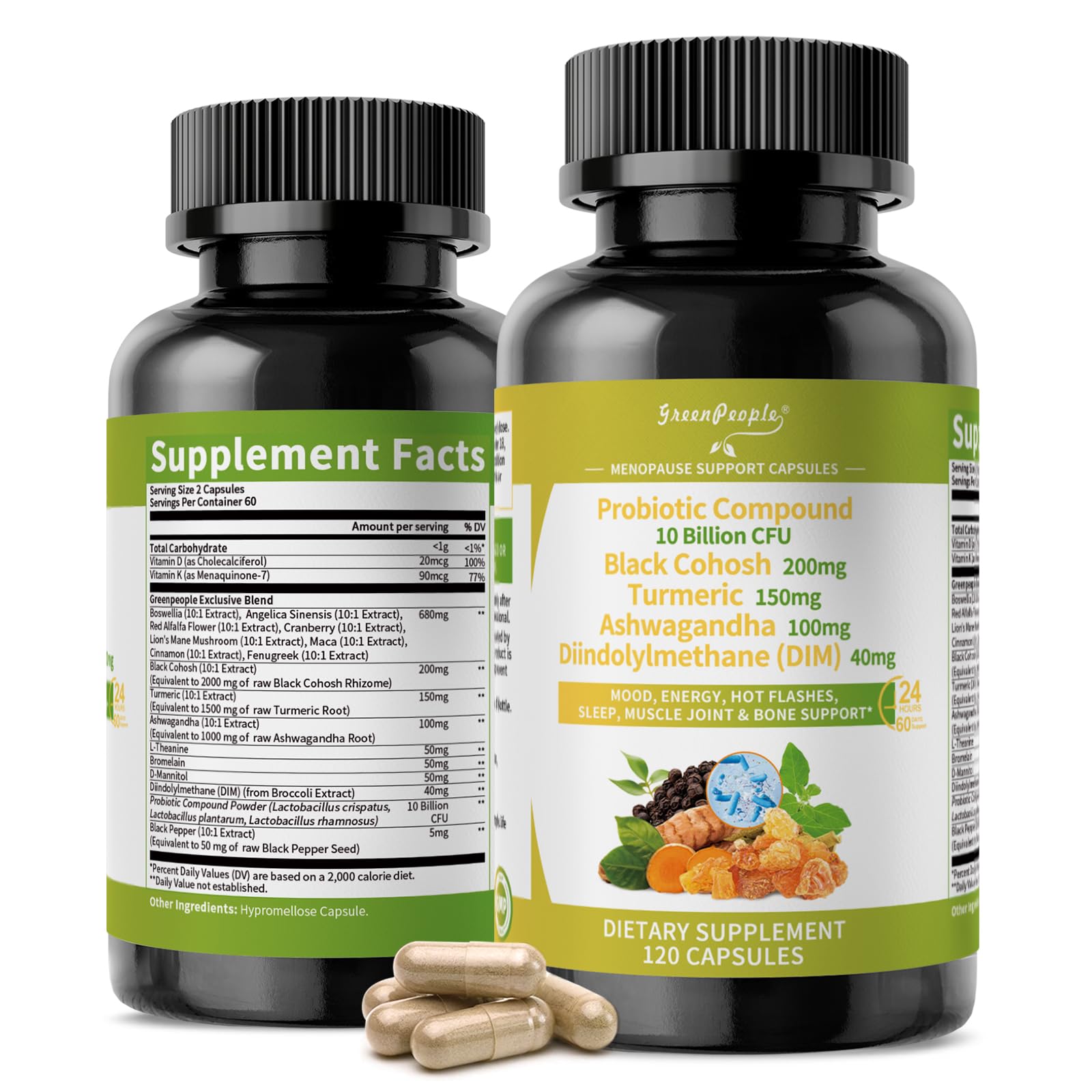 Menopause Support for Women – Estrogen Balance with Black Cohosh, Ashwagandha & Turmeric – Hot Flash & Mood Relief – 120 Vegan Capsules - GreenPeople