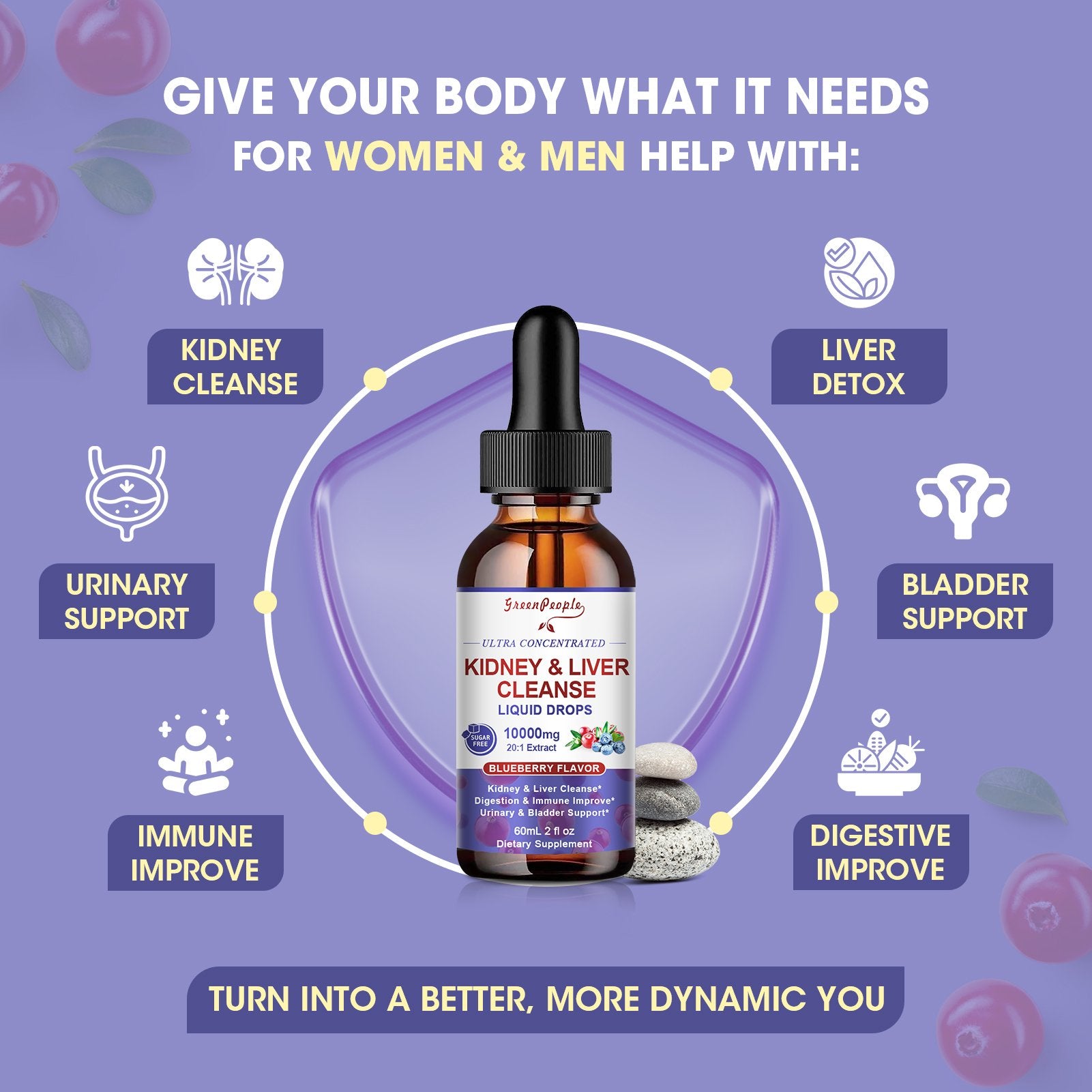 27-in-1 Kidney & Liver Support Liquid Drops - 20:1 Cranberry Extract, Blueberry Flavor - Non-GMO (2 fl oz) - GreenPeople