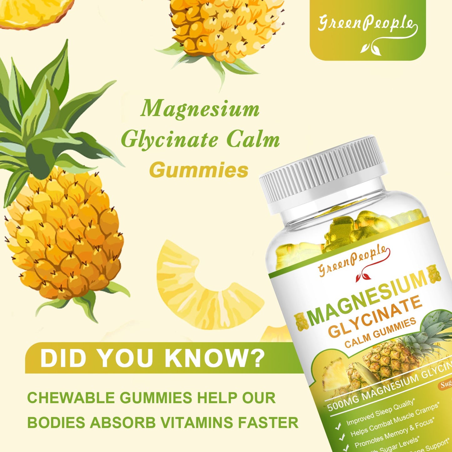 GreenPeople Magnesium Glycinate Gummies with Citrate 1000mg Supplement with Vitamin D, K2 for Calm Mood & Zzz Support - 60 Pineapple Gummies