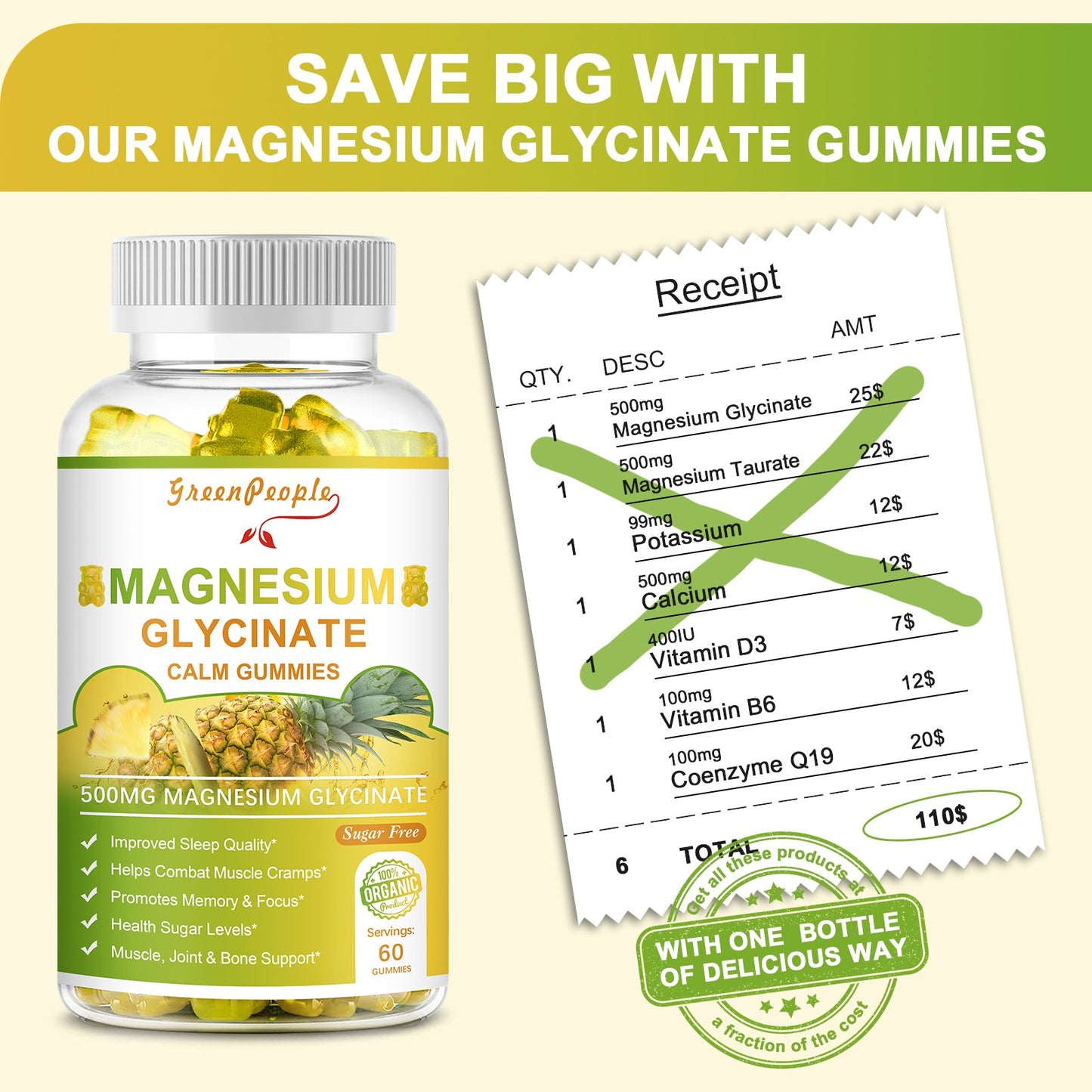 GreenPeople Magnesium Glycinate Gummies with Citrate 1000mg Supplement with Vitamin D, K2 for Calm Mood & Zzz Support - 60 Pineapple Gummies