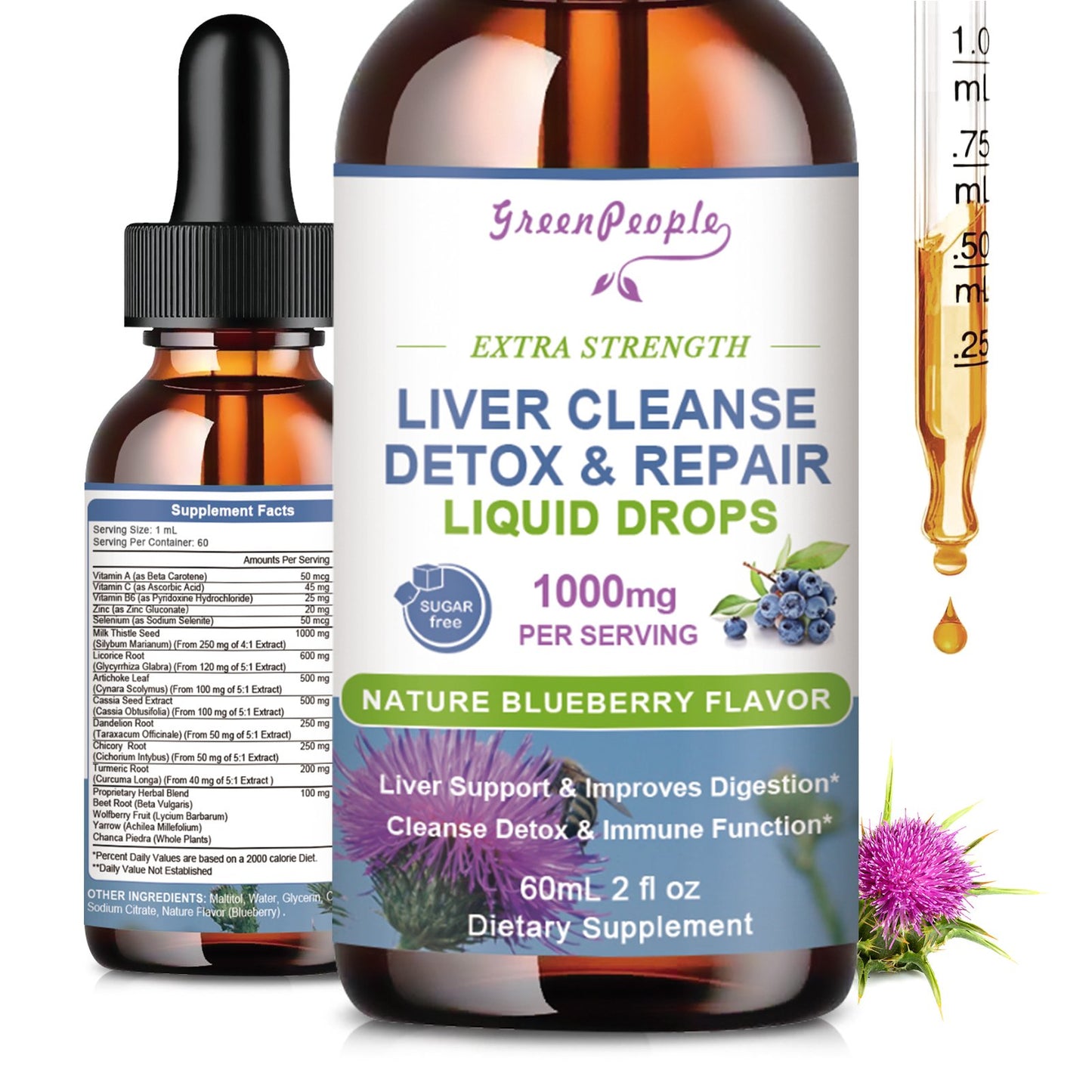 GreenPeople Liver Liquid Drop Supplement 1000mg Milk Thistle Silymarin Extract Blueberry Flavor