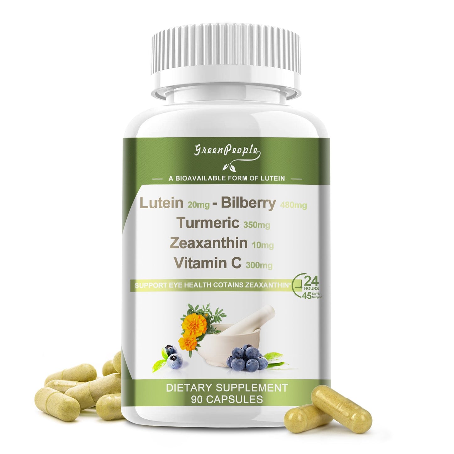 GREENPEOPLE Lutein Capsules | Eye Supplements | Visual Function Support | Lingonberry, Turmeric, Zeaxanthin, and Vitamin C