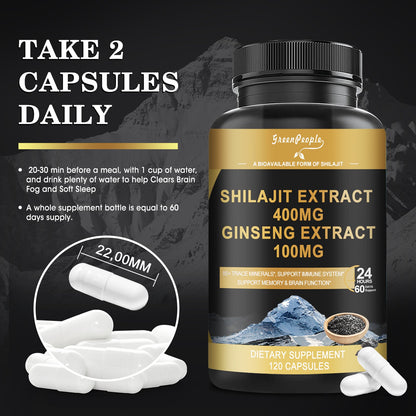 Shilajit 400mg with Ginseng, Maximum Potency Capsules 120 Count with Fulvic Acid & Trace Minerals for Enhanced Energy and Immune Support Men & Women Better Than Shilajit Resin