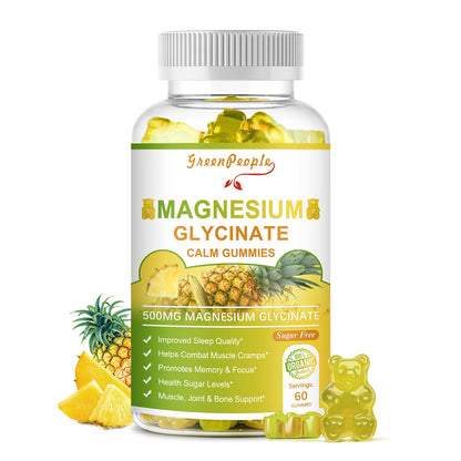 GreenPeople Magnesium Glycinate Gummies with Citrate 1000mg Supplement with Vitamin D, K2 for Calm Mood & Zzz Support - 60 Pineapple Gummies